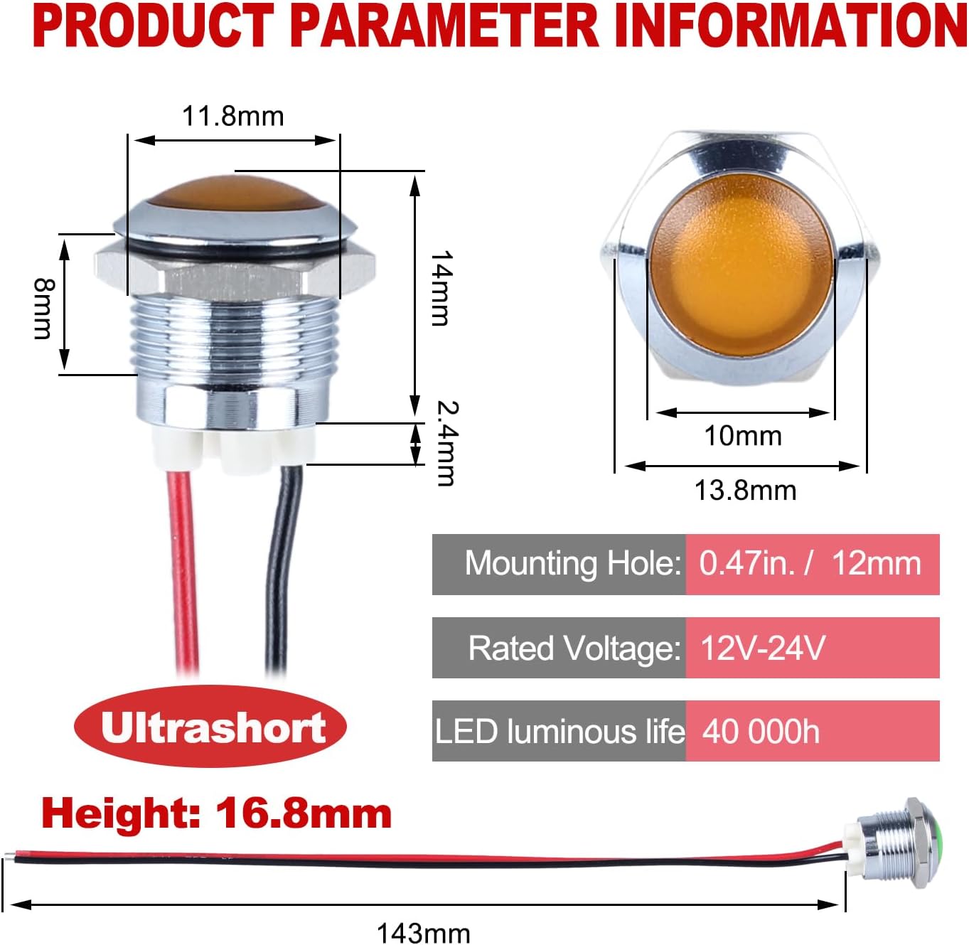2Pcs 12mm 12V-24V 20mA Metal Energy Saving LED Indicator Light Spherical Round Signal Lamp 0.47" Mounting Hole Waterproof with 15cm/5.91in. Wire for Car Truck Boat Yellow LED image 2