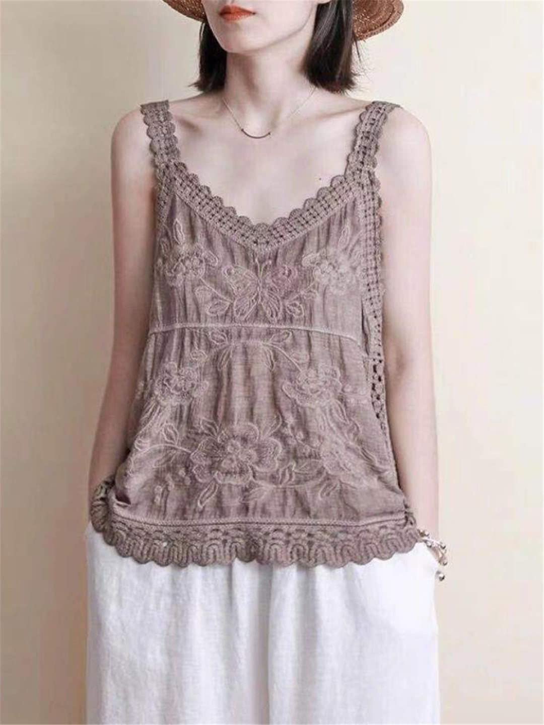 Lmtossey Primavera ed estate Spaghetti Strap Top Donne Senza Maniche Scollo a V Ricamo Floreale Top Tubo Bianco Top
