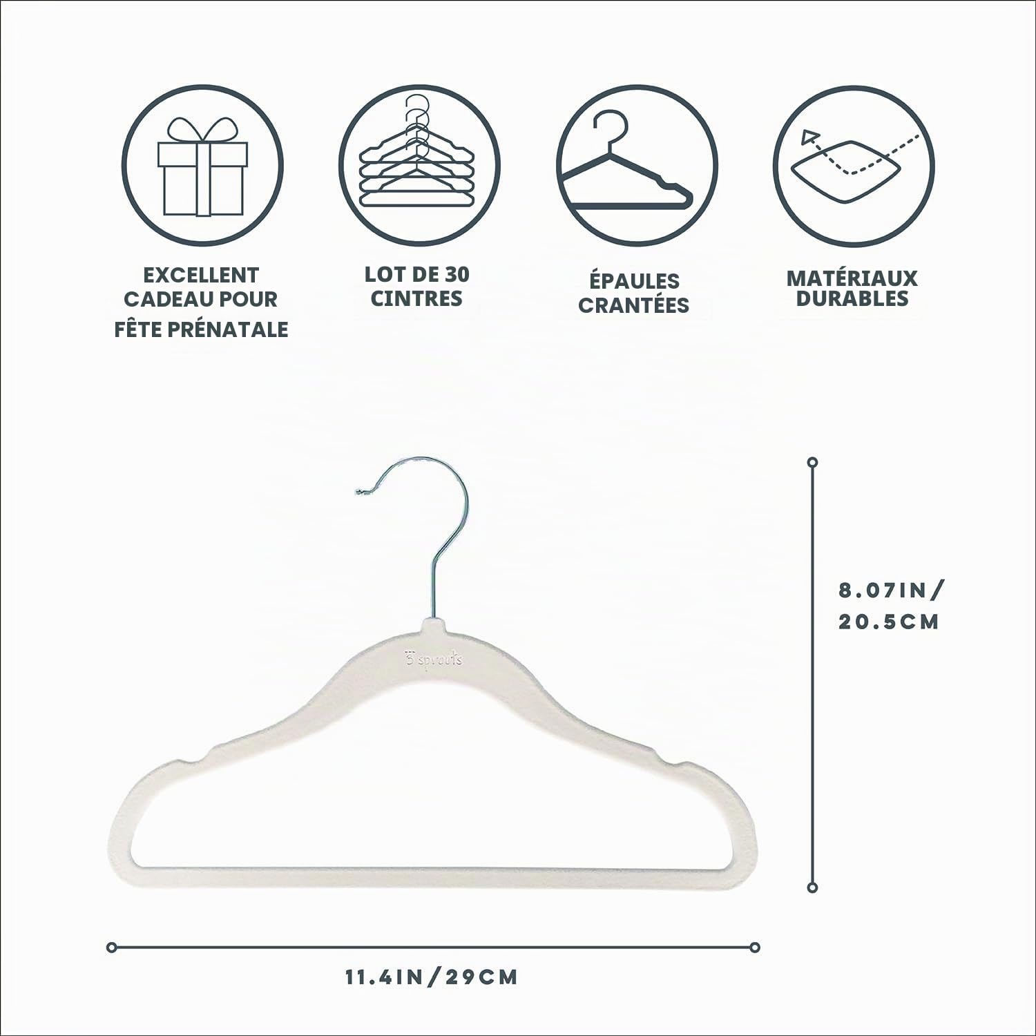 3 Sprouts Cintres en Velours pour Bébés et Enfants - Cintres Enfant/Bébé Antidérapants et Doux - Idéal pour Vêtements Bébé - Cintre Enfant Robuste - Lot de 30 - Crème