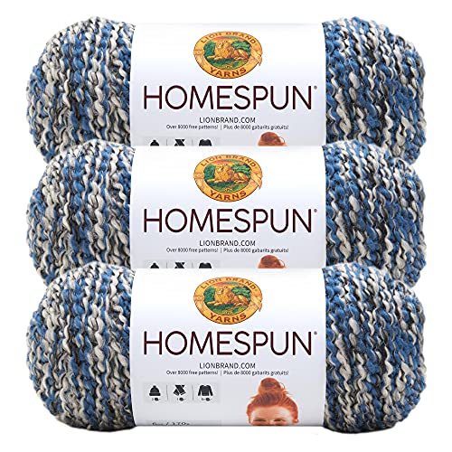 Image of Lion Brand Yarn Homespun Yarn, Soft Bulky Yarn for Knitting, Crocheting, and Crafting, 3 Pack, Blue Moon