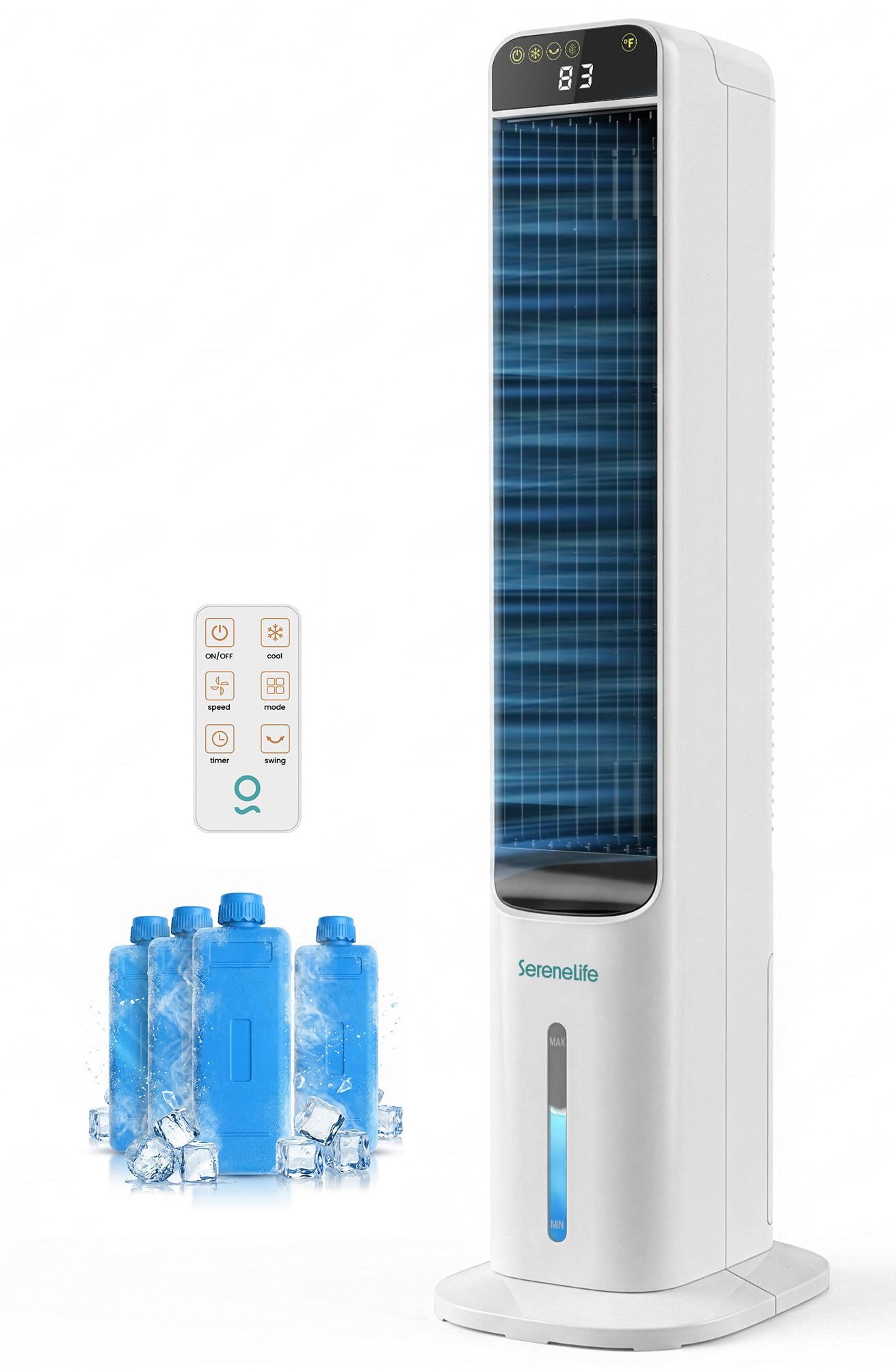 Photo 1 of SereneLife Evaporative Air Cooler Tower with Remote, 5L Tank, 4 Ice Boxes, 3 Speeds, Quiet Standing Cooler with Oscillation for Home, Office or Bedroom, Portable & Energy Efficient, 10” x 13” x 39”