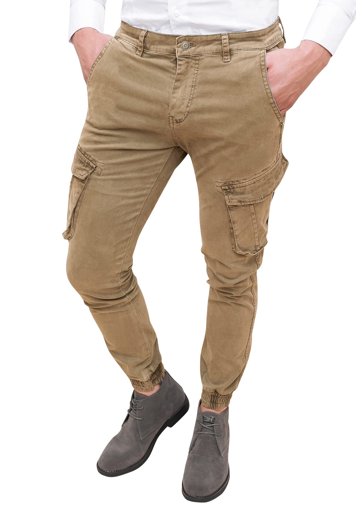 Evoga Pantaloni Uomo Cargo in Cotone con tasconi Laterali Slim Fit Chino Jeans