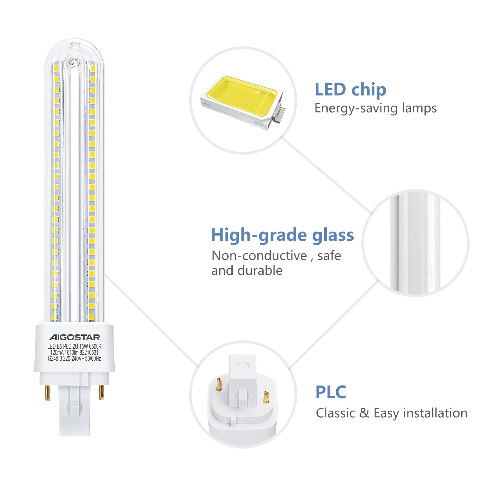 Aigostar - 2 Pines Bombilla PLC 2U, tubo de 15 W, Maiz G24d-3, Luz fría 6500K, 1610Lm, No regulable, Pack de 5 Bombillas LED