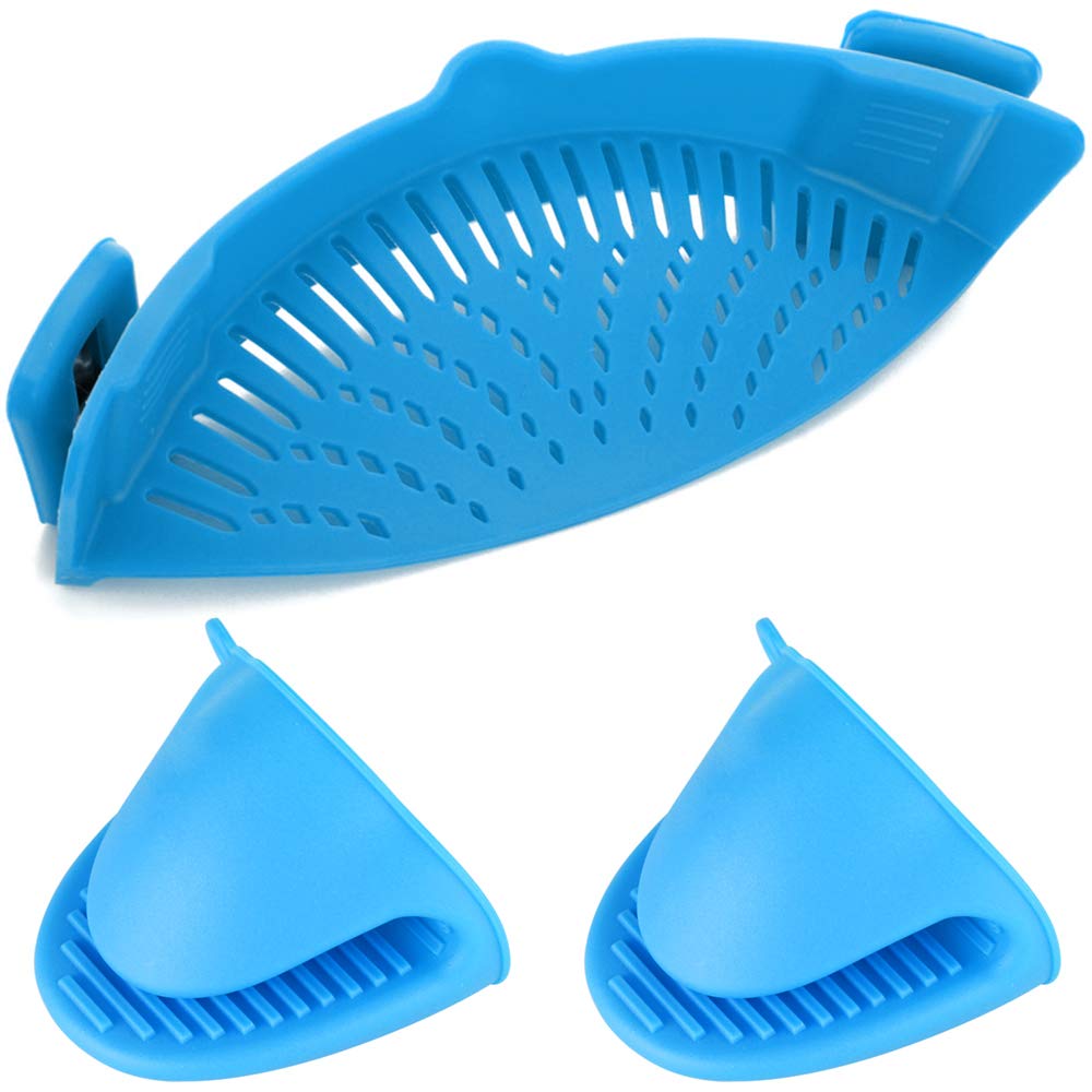Snap Strainer, YuCool Silicone Pasta Strainer Clip-On for Pots and Pans, Silicone Food Strainers Heat Resistant Clip On Strain Strainer with 2 Silicone Gloves