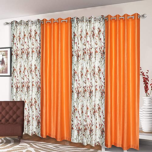 Image of 7 Feet Polyester Floral Light Filtering Door Curtains for Living Room, Bedroom & Hall, Eyelet Top, Orange Printed and Solid Plain Curtain Set of 4
