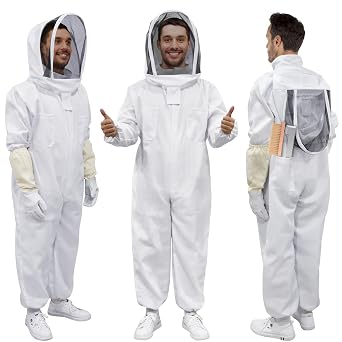 Bee Suit, Beekeeping Outfit Professional Full Body Beekeeper Suit with Veil Hood for Men and Women Beekeeper and Beginners with Gloves, Beehive Brush, Scraper L for 53-57