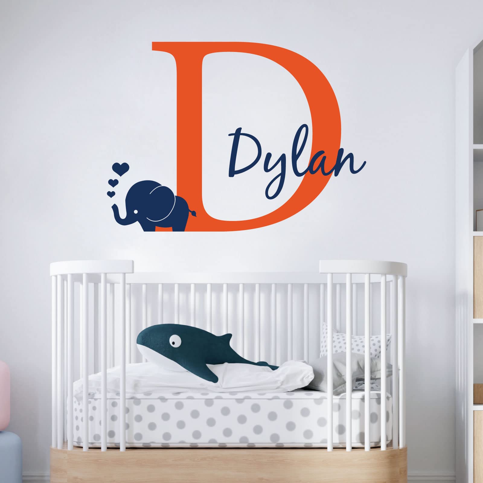 Personalised Baby Girl/Boy Name with Initial Letter and Baby Elephant, Hearts - 2 Colours [Large] [Orange]