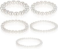Ymapinc 5PCS White Faux Pearl Stretch Bracelets for Women - Elegant Bridesmaid Stackable Jewelry Set