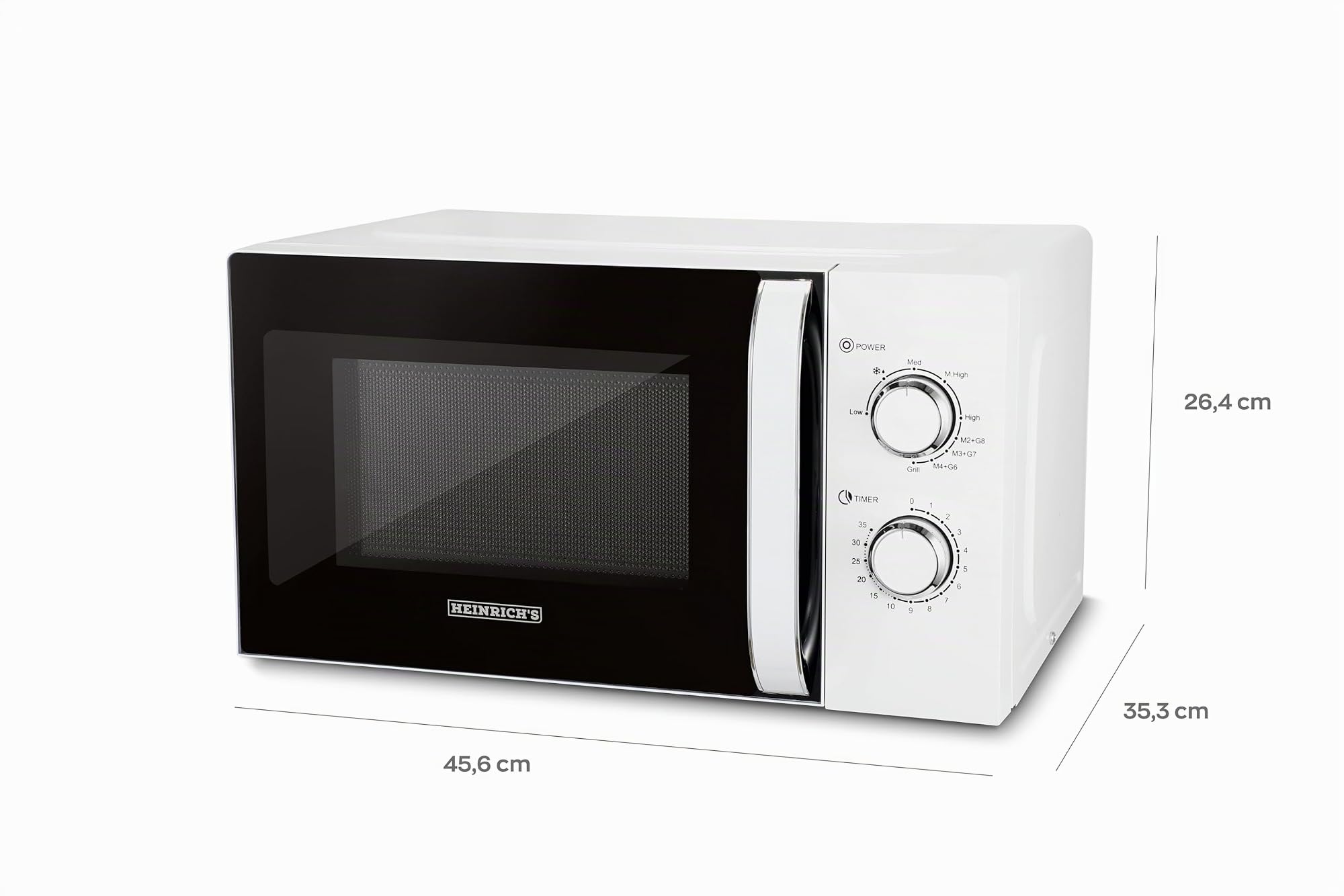 HEINRICHS Mikrowelle, kompakte Mikrowelle, 20L Volumen, 9 Leistungsstufen, inkl.35min. Timer, Defrost Funktion, Innenraumbeleuchtung, 360°Drehteller, mit Grillfunktion, 800W Leistung, Heinrich´s(weiß)