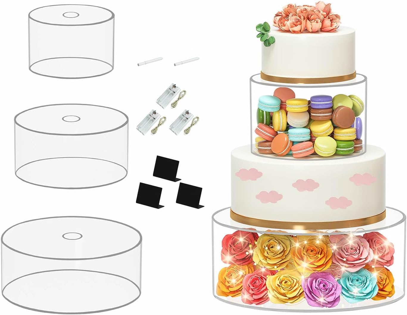 Tortenständer Acryl,3 Stück Zylinder-Display-Riser Transparent,Befüllbarer Desserttisch Displaybox mit LED Licht,Kuchenständer Cupcake Etageren für Geburtstag Hochzeit Feiertagsfeiern Blumen Desserts