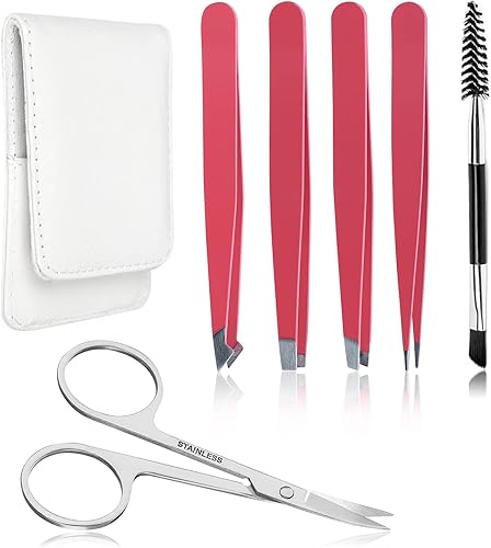 Miniatura 1 de Juego de 6 pinzas para cejas, de acero inoxidable para mujeres, cepillo de tijeras, de precisión, puntiagudo, rojo, para depilación facial