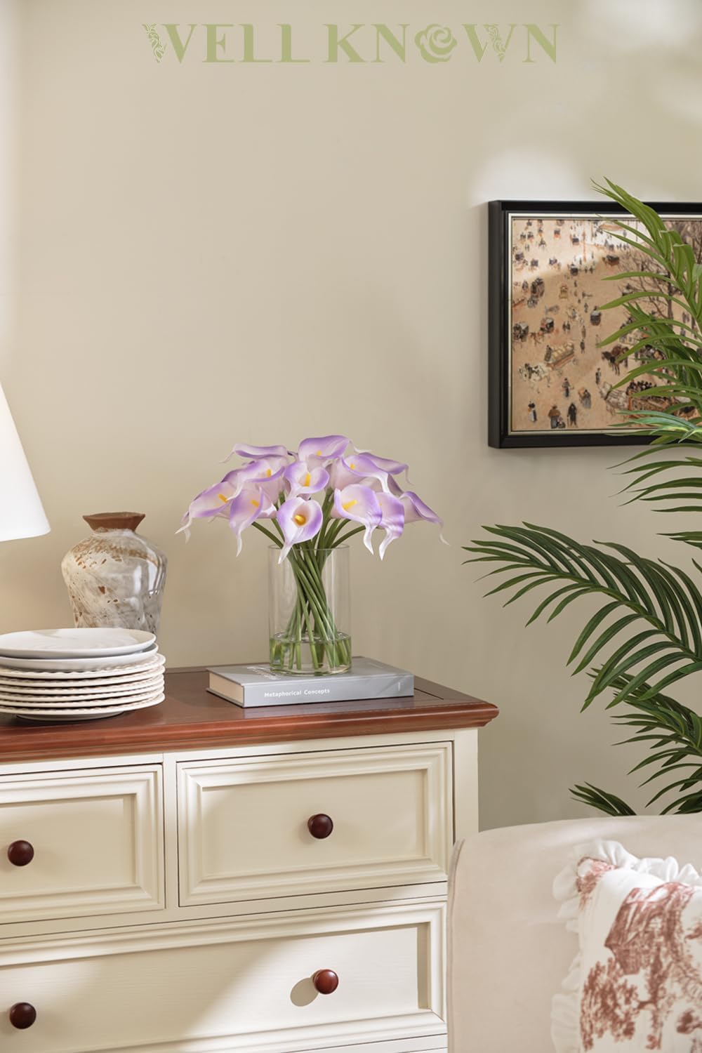 WELL KNOWN 20 Pcs Lily Flowers Artificial in Vase with Faux Water, Real Touch Calla Lily Fake Flower Arrangement in Vase for Home Office Hotel Party Wedding Dining Table Decor & Gifts (White Purple) - Image 4