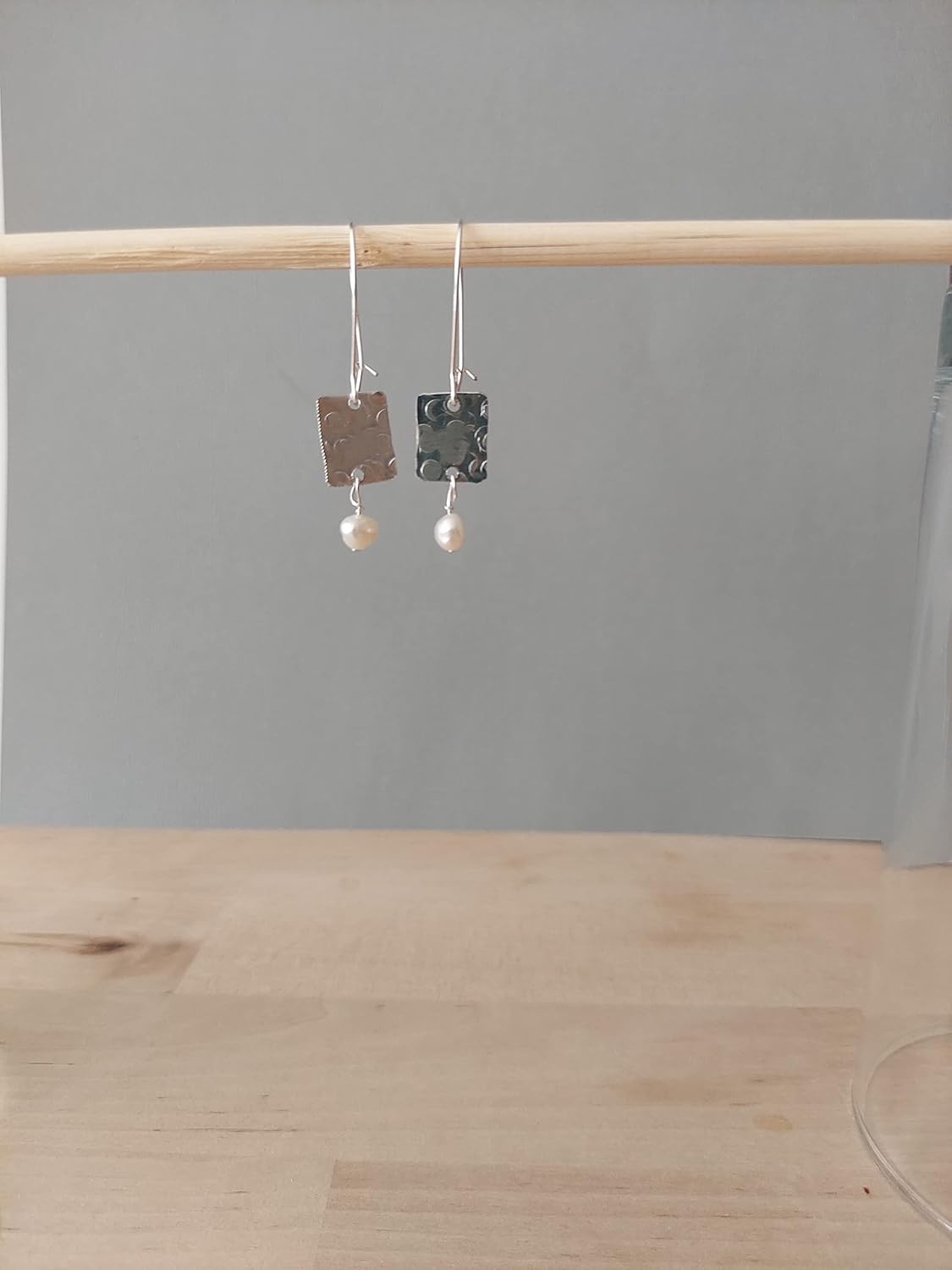 Handmade Lightweight Womens Silvertone Dangle Rectangle Drop Earrings With White Pearls Beads by Bettina