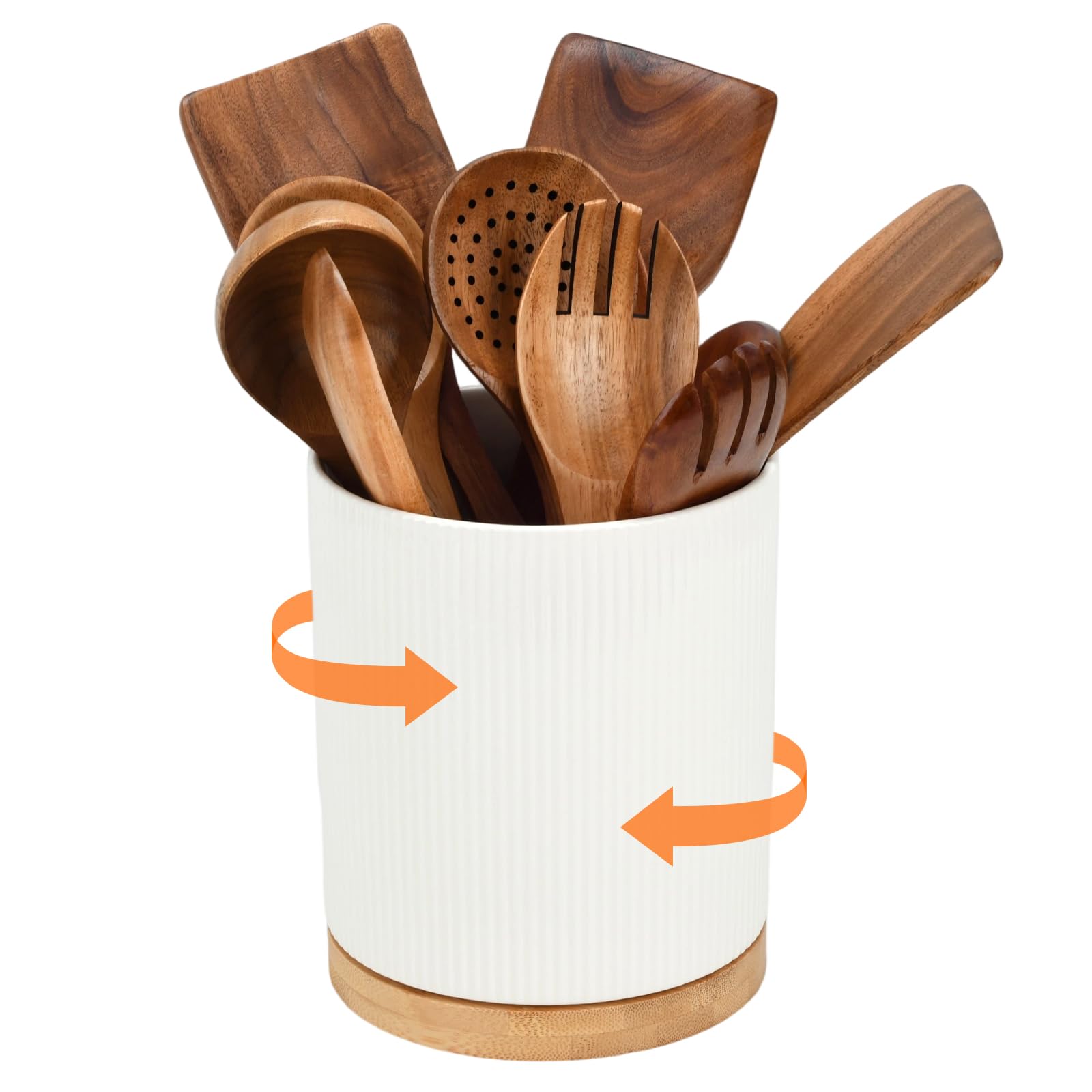 Bsdlzch White Ceramic Kitchen Utensils Holder 360° Rotating Large Ceramic Rotating Utensil Jar - 15X20cm Countertop Organizer For Kitchen Cooking Utensils Set, Cutlery Caddy, Spoons & Spatulas (White Ceramic)