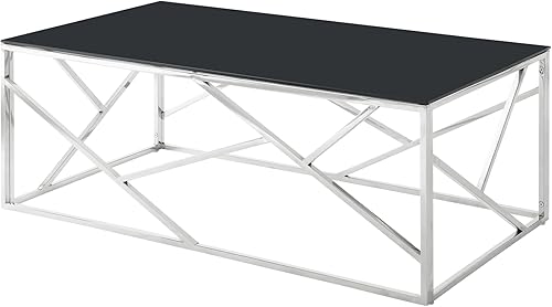 Miniatura 3 de Moderna mesa rectangular de cristal con tapa de vidrio templado negro y marco de acero inoxidable para sala de estar y dormitorio, cromo pulido