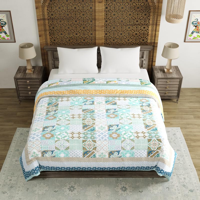 Image of BLOCKS OF INDIA Hand Block Printed Cotton King Size Quilt /Rajai (90 Inch X 108 Inch Blue CHOKDI) Skin Friendly, 300 TC