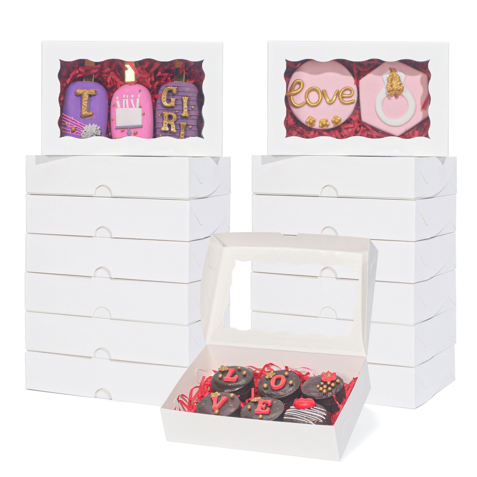 RomanticBaking Paquete de 100 cajas de galletas blancas de 7 x 4 3/8 x 1 1/2 pulgadas con ventana, cajas de panadería de Navidad, cajas de macarrón, cajas pequeñas de trufa de chocolate