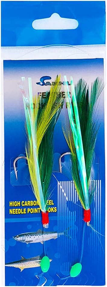 Rock Cod Feather Rigs 3/0, 10 Pcs Green/Yellow for Deep Sea Saltwater Bottom Fishing, Ideal for Rockfish, Snapper, Cod & Offshore Species