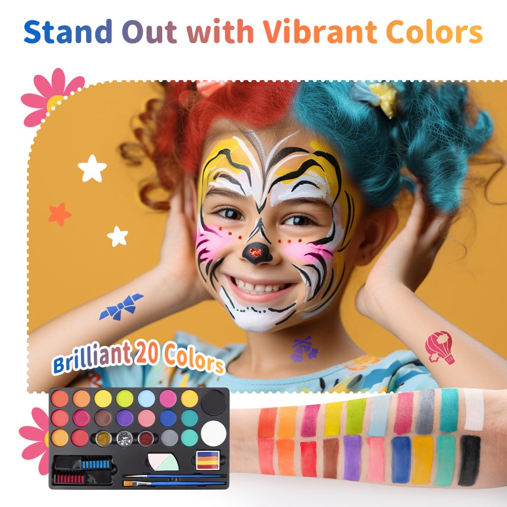 Janolia Palette Maquillage Enfant, 20 Couleurs Peinture Visage Enfant avec 2 Pinceaux, 60 Pochoirs, Peinture Corporelle, Kit Maquillage Enfants pour Carnaval Halloween Noël Cosplay Fête D'anniversaire