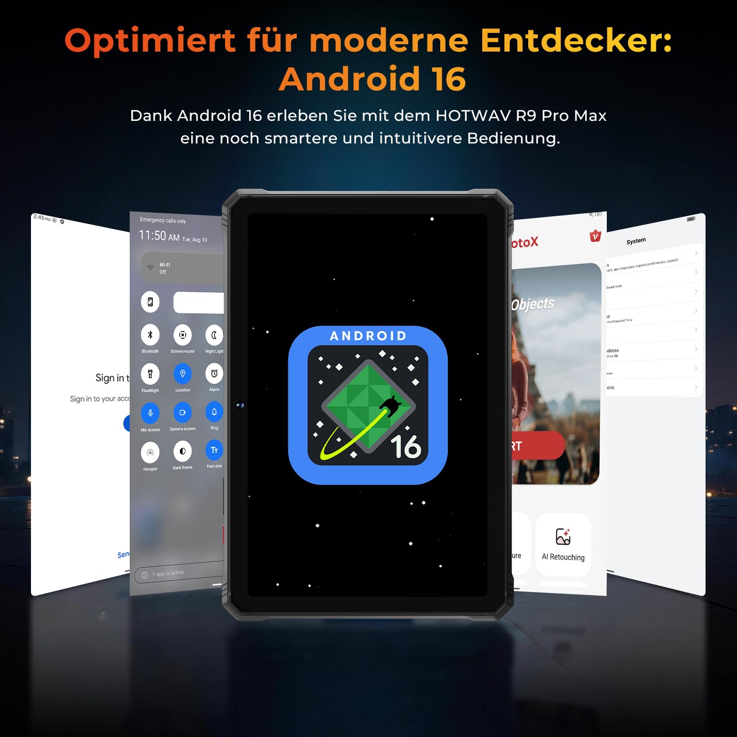 HOTWAV R9 Pro Max 5G Tablet Outdoor, Android 16 Baustellen Tablet mit Stift | 20GB+256GB+2TB TF, Octa-Core, 11" 20080mAh 20W Schnellladung, 64MP+16MP+20MP Nachtsicht, IP68/IP69K Wasserdicht, Gemini AI