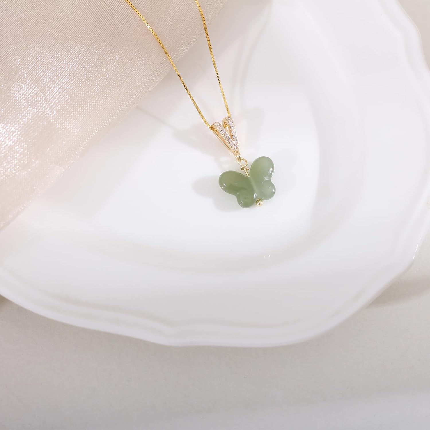 Natural Hetian Jade Necklace for Women, Small Carved Butterfly Pendant Necklace Green Exquisite and Delicate Jewelry Chain for Her Gift (925 Sterling Silver with Real Gold Plated)