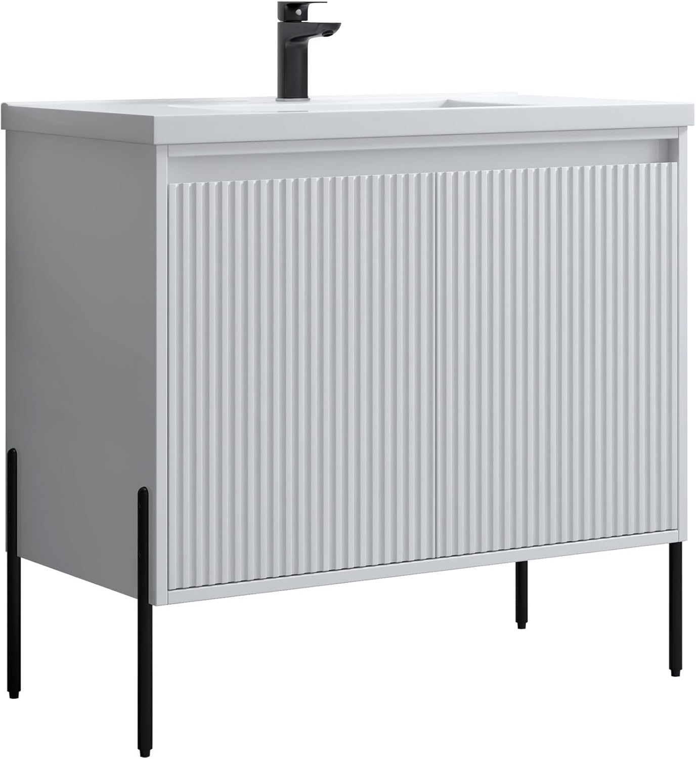 Dowell 36" Fluted Design Vanity Set – Modern Glossy White Bathroom Cabinet with Soft-Close Doors & Shelf, Gloss White Ceramic Basin, Black Legs | 002 36 21KD/3618BT