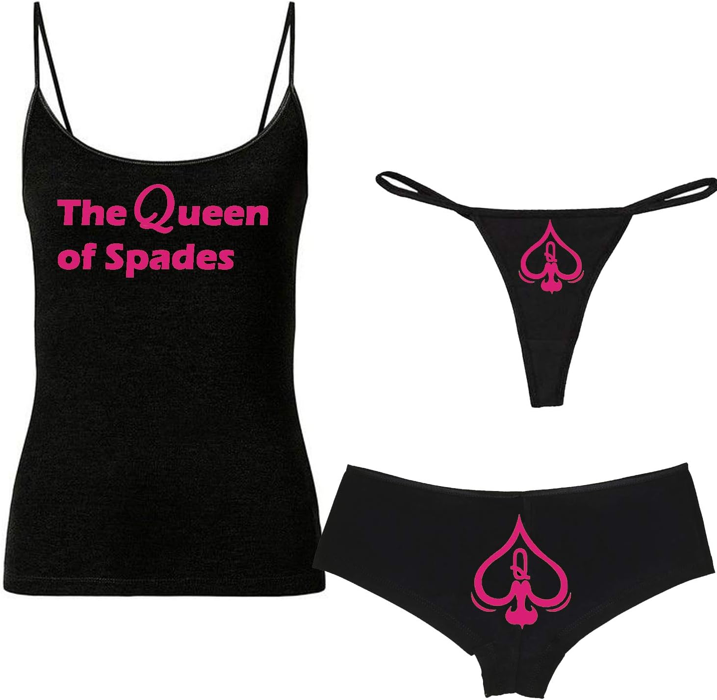 The Queen of Spades Booty Shorts Cotton Bikini &Thong Panties and cami Set (Medium, Black)