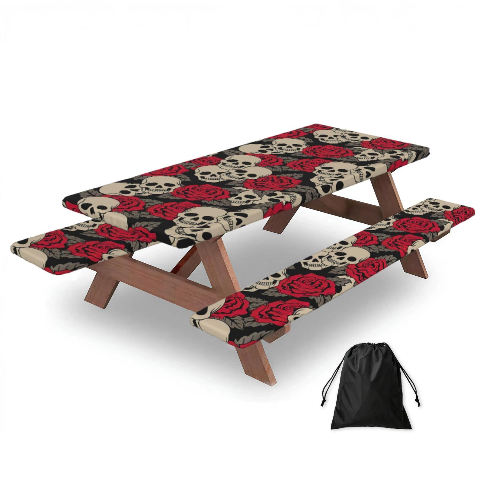 Yqxwjl Black Skull With Roses Print Camping Essentials Waterproof Camping Table And Bench Cover With Drawstring Bag 183 Cm