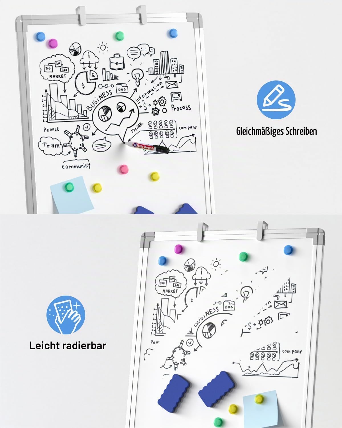 Nicpro Mobiles Whiteboard mit Ständer, Magnettafel 90x60 Trockener White Board mit 4 Stiften, Radiergummi, Magnet, Höhenverstellbare tragbare Schreibstaffner Flipchart für Büro, Studenten