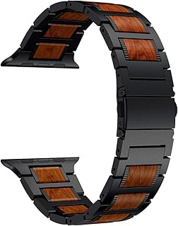 LDFAS Compatible for Apple Watch Band 45mm 44mm 42mm, Natural Wood Red Sandalwood Stainless Steel Metal Strap for iWatch Bands Compatible for Apple Watch SE, Apple Watch Series 7/6/5/4/3