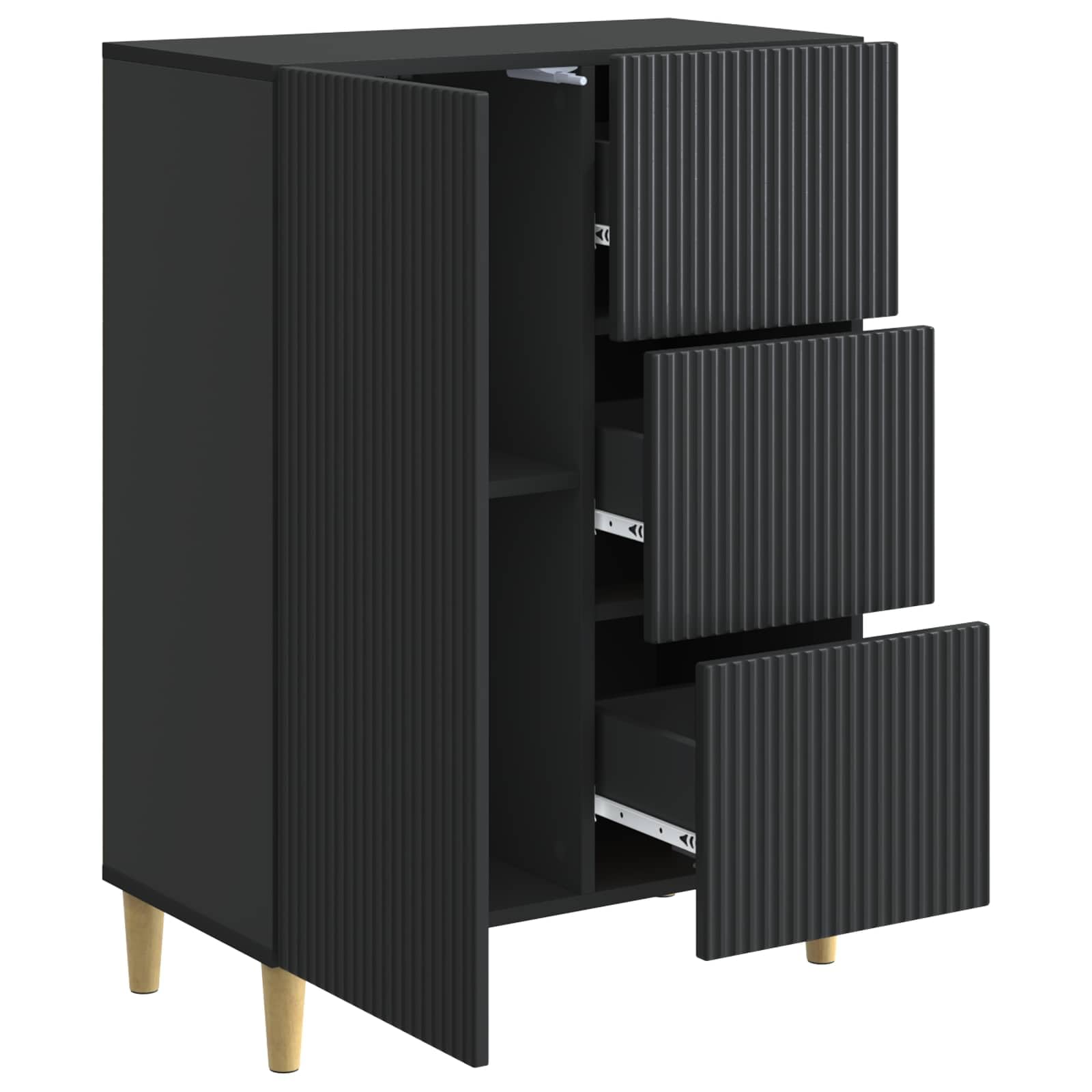 Credenza nera, 66 x 34,5 x 90 cm, in legno, con 3 cassetti e porta basculante a 90°, per soggiorno, sala da pranzo, corridoio, ufficio