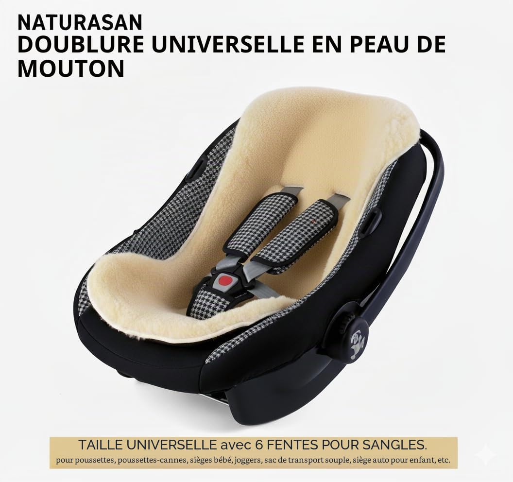 Naturasan Tapis en Laine de Mouton – Peau d'agneau siège Coussin/Assise, Une Tapis Universelle pour Poussette/Buggy, la Peau d'agneau idéale Coussin pour Bébé, 74 x 35 cm, Beige, Liner -02