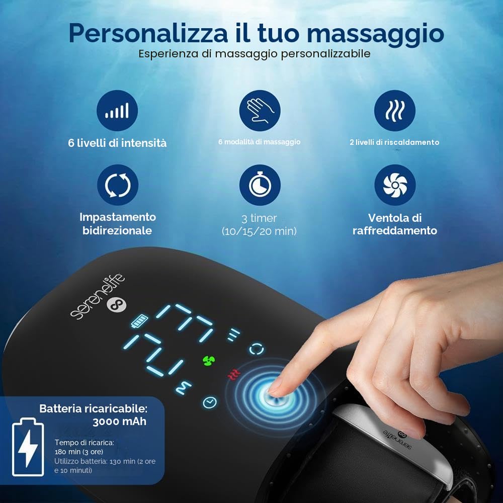 SereneLife Massaggiatore Mani con Calore 45°C e Compressione con Impastamento, 6 Modalità, 6 Livelli di Intensità, 3 Timer 15/30/60 Minuti per Relax e Sollievo delle Tensioni Muscolari