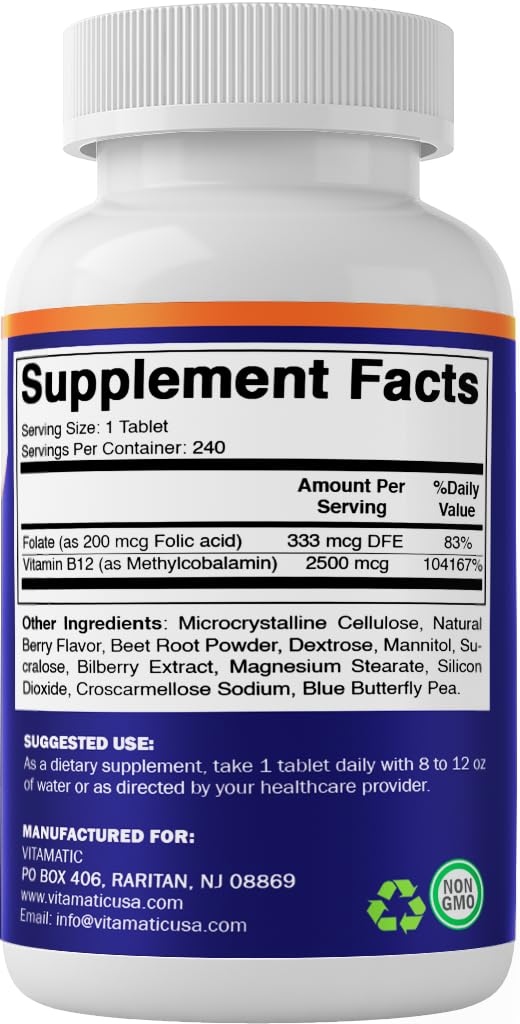 Vitamatic Methyl B12 2500 mcg with Folic Acid – Natural Berry Flavor – 240 Fast Dissolve Tablets – Methylcobalamin Vitamin B12 for Energy & Nervous System Support – Vegan & Non-GMO Supplement — Amazon image 8