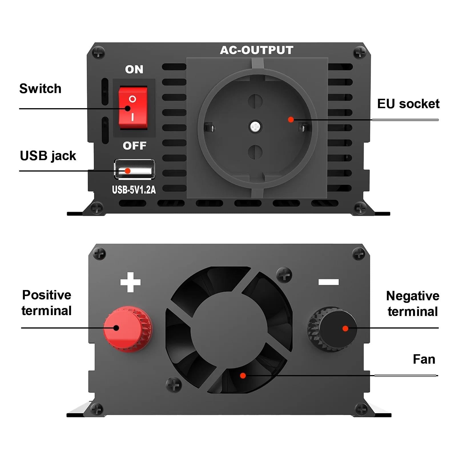 Inversor Inversor De Onda Sinusoidal Pura 12V A 230V Convertidor De 220V A 1 V Potencia Máxima 1500W 3000W Pantalla LCD Interfaz USB Automóviles(DNG12V 220V 1000W EU)