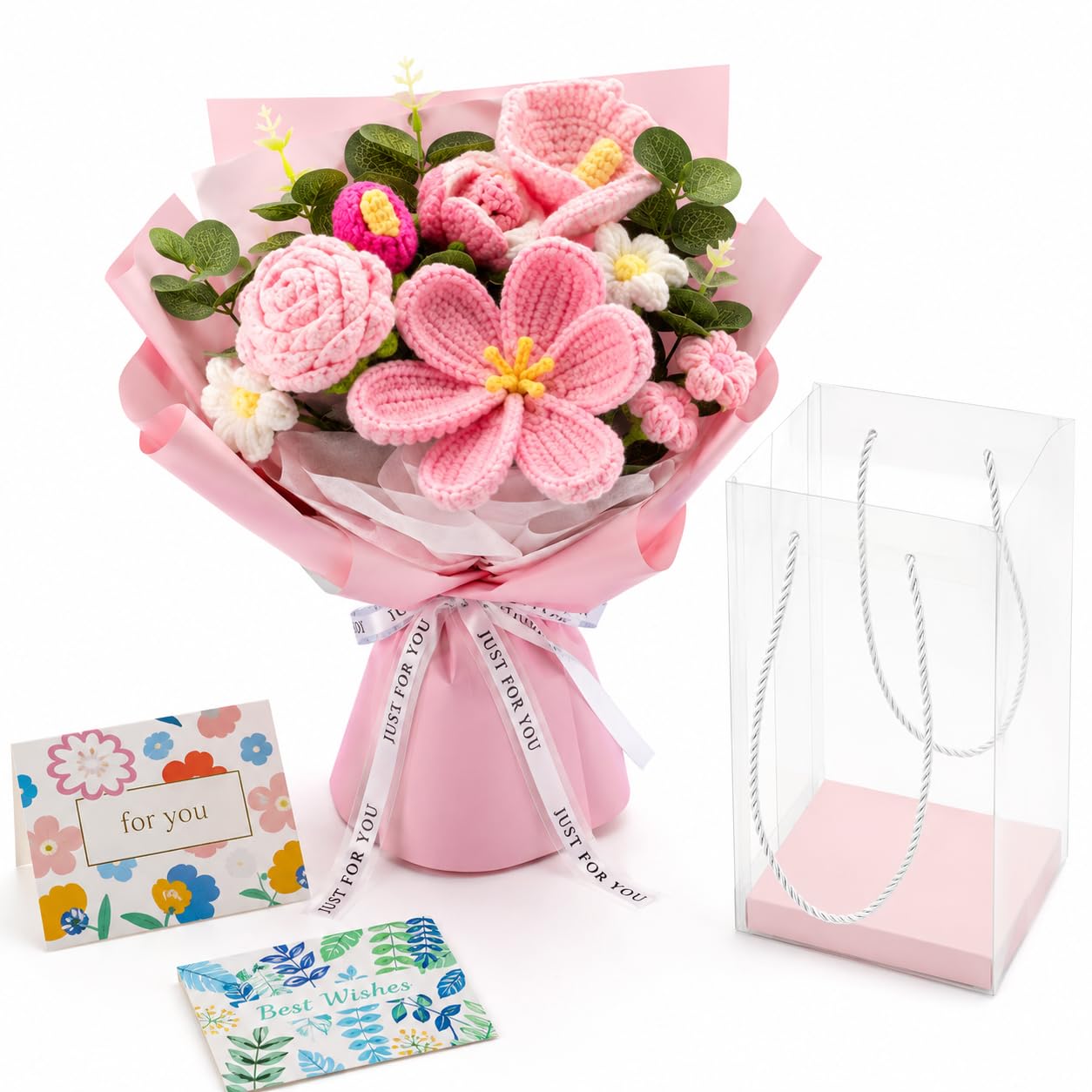 XLTXWD 4PCS Crochet Flowers, Tulip Bouquet, Handmade Floral Arrangements for Home Decor and Gift Giving, Includes Pink Flowers, Gift Bag and Greeting Cards