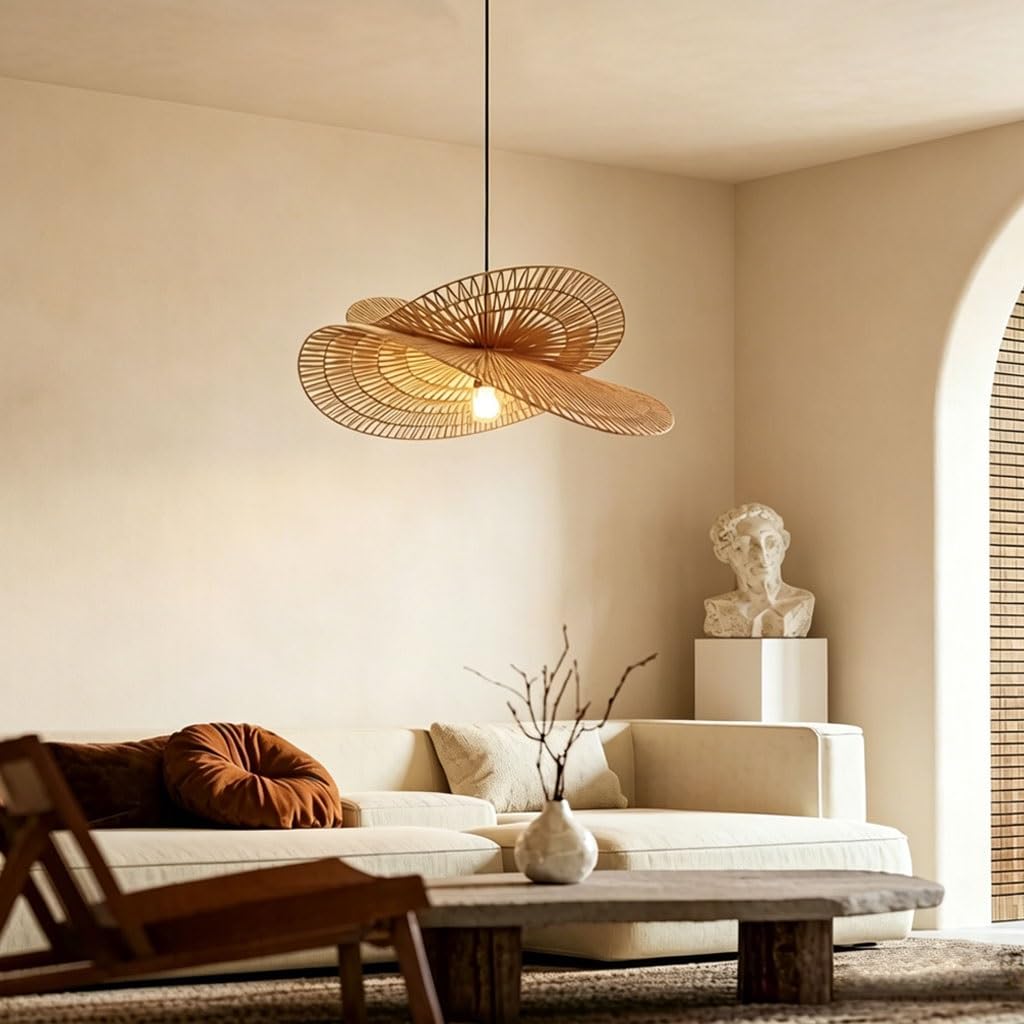 Lampada A Sospensione In Rattan Lampada Boho Vintage Lampada Rustica Sala Da Pranzo Paralume Rattan Intrecciato A Mano Altezza Regolabile Fino A 150 Cm Soggiorno Camera Cucina(Doppio,50cm)