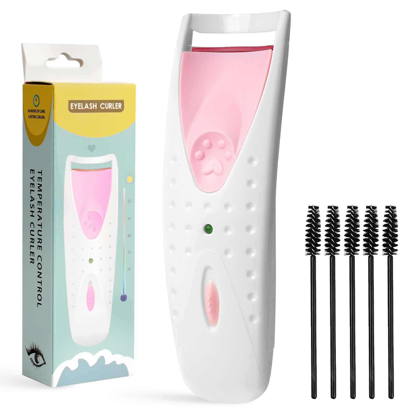 Rizador de Pestañas Eléctrico, Rizador de Pestañas Termico, Rizador de Pestañas Termico Profesional, con 5 cepillo, para Mujeres, Funciona con 2 pilas AAA(No Incluido), Rosa