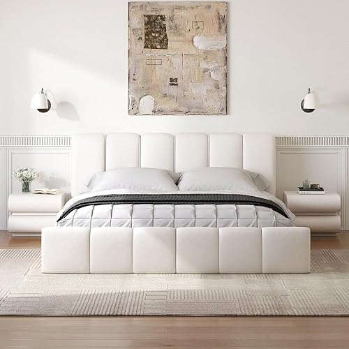 homary 3-Piece King Bedroom Set with White Leather Bed Frame & 2 Smart Nightstands, Platform King Bed with Upholstered Headboard, Nightstands with Wireless Charging & Storage Drawers