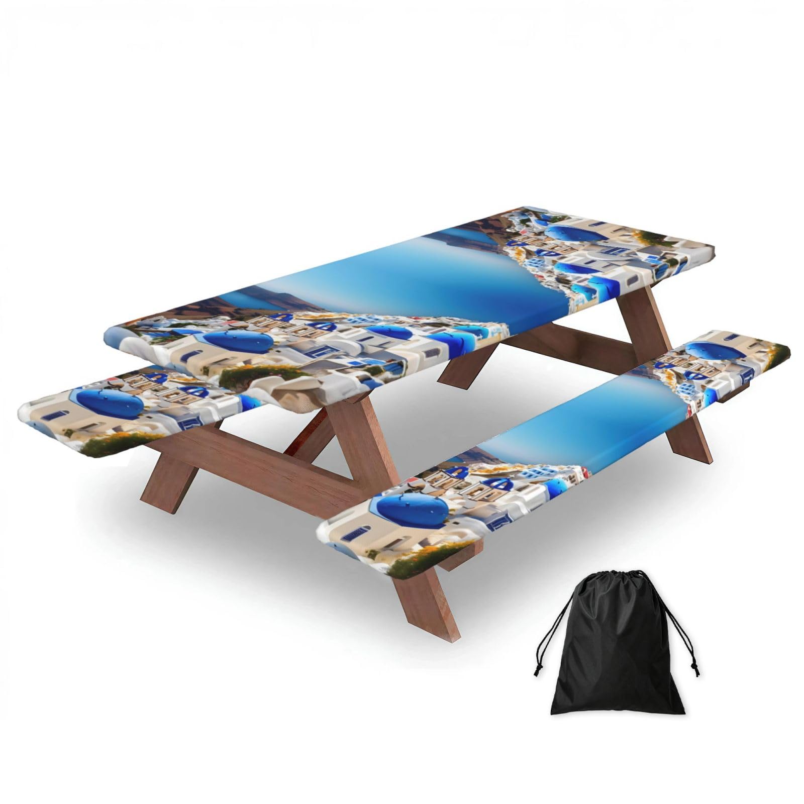 Santorini Greek Island Sea View Print 3 Pack Wipeable Picnic Bench Cover And Table Cover Lightweight Table Cloth For Camping Outdoor