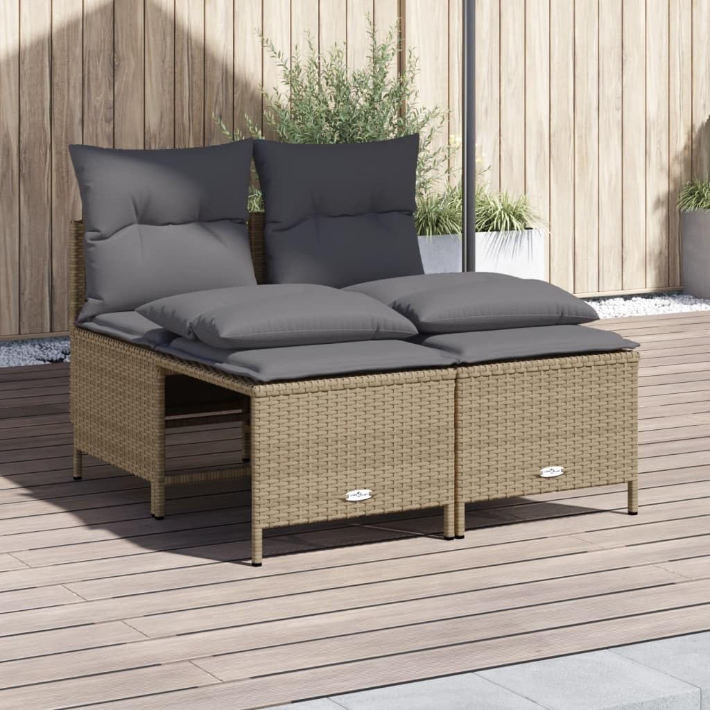 4-TLG. Garten-Sofagarnitur mit Kissen Beige Poly Rattan, Outdoor-Möbel PE-Rattan Sofa Set inklusive Hocker, Wetterbeständige Polsterauflagen und Abnehmbare Bezüge