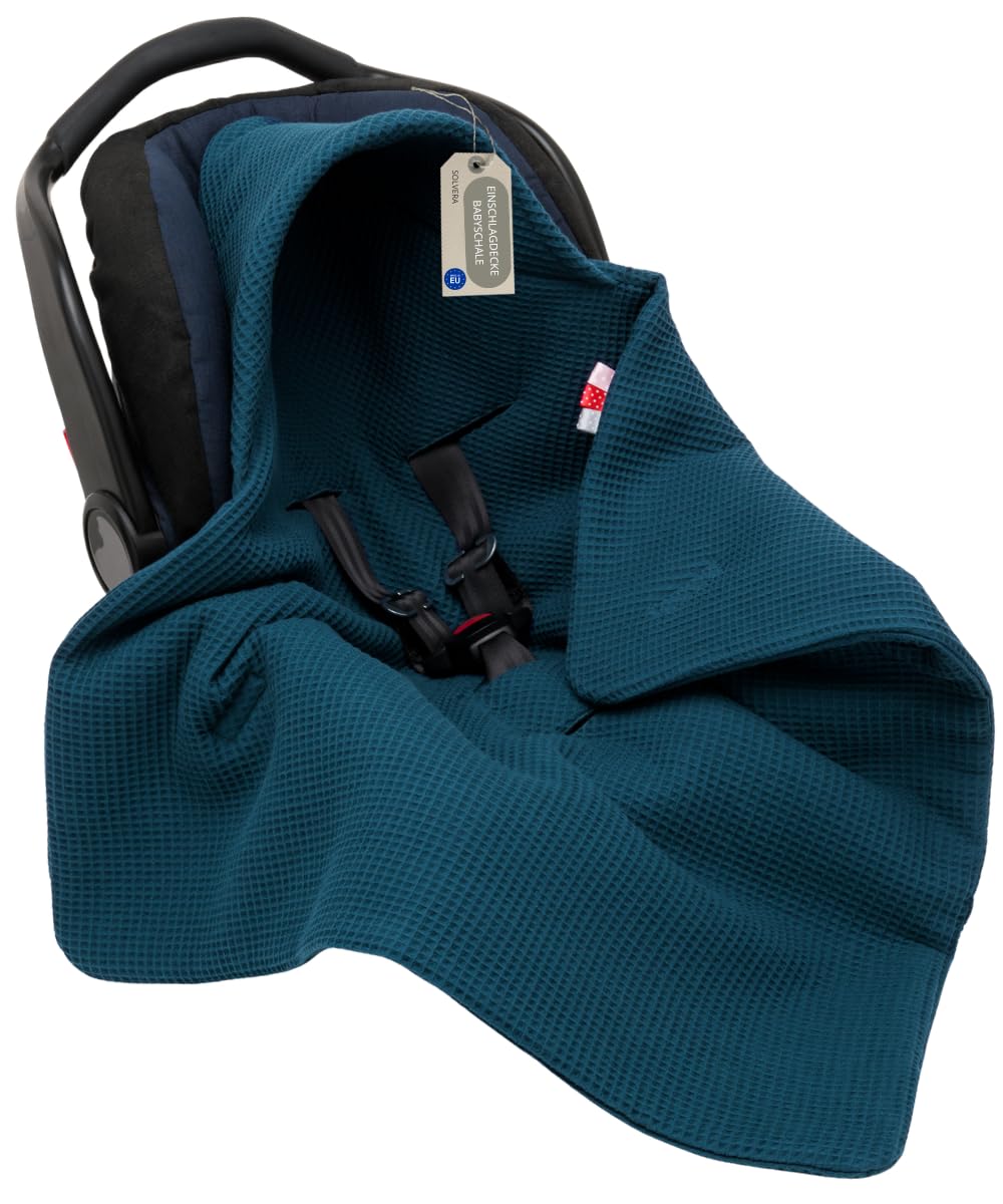 Einschlagdecke Babyschale aus Waffelstoff für Neugeborenen und Kleinkinder Frühling Winter Baumwolle Baby Decke Kuscheldecke Für Autositx Kinderwagen Buggys z.B. Maxi Cosi 3 Punkt Gurt (Blau)