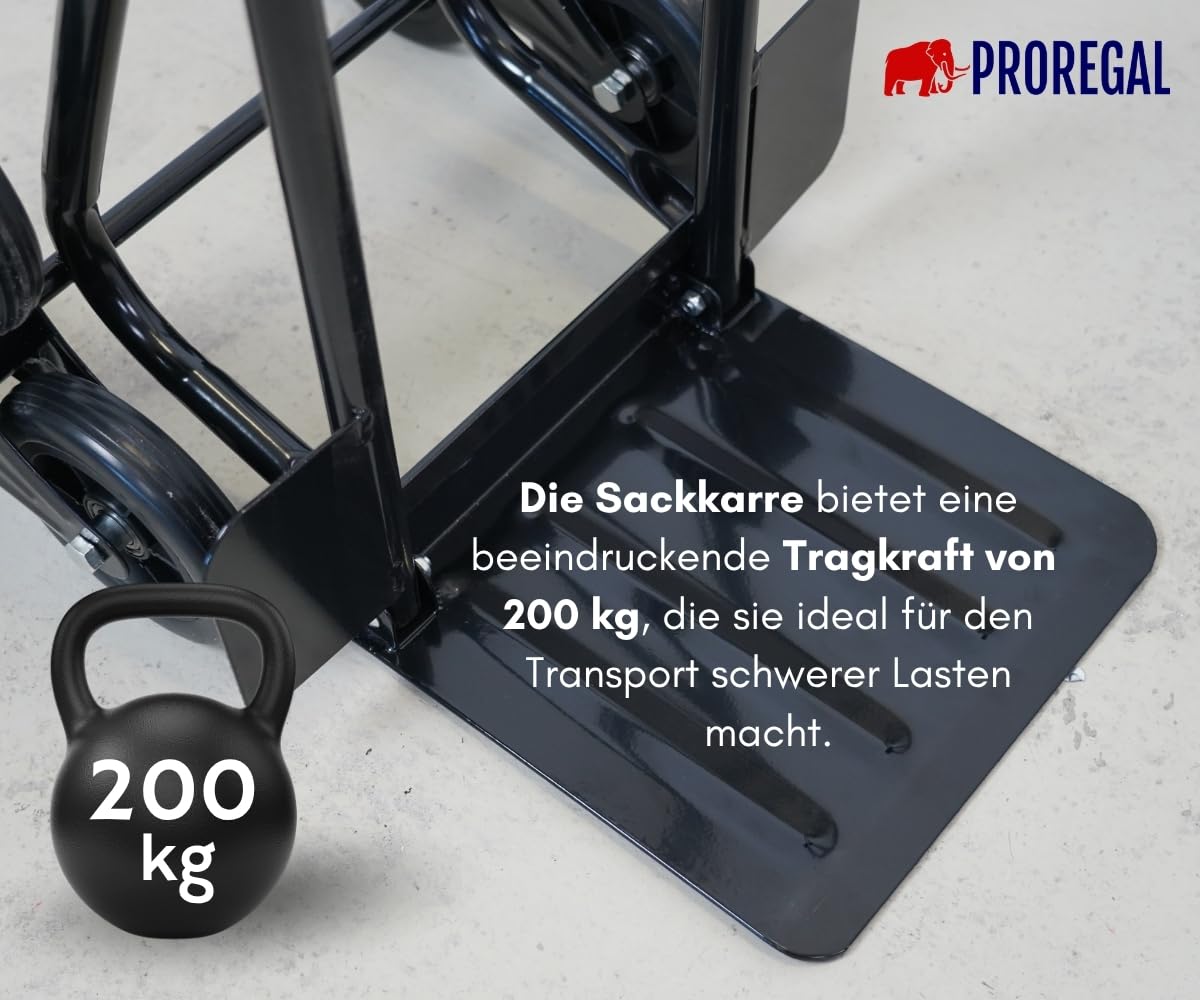 PROREGAL Treppensackkarre Odin | HxBxT 111x60x43cm | Tragkraft 200kg | Hartgummi-Bereifung | Stahlrahmen | Schwarz | Transportkarre Staplerkarre klappbar