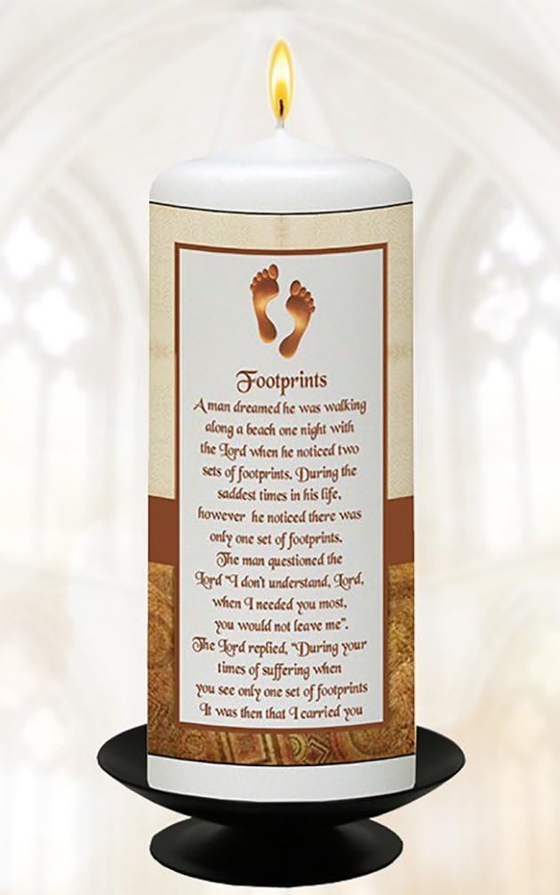 Natural Gifts Footprints in The Sand 6" White Wax Candle with Footprints Prayer