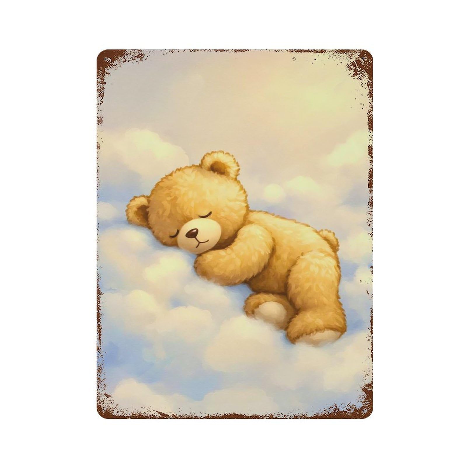 Rusty Metal Tin Sign with Sleeping Teddy Bear on Clouds Design 15.7"x11.8", for Shed, Workshop And Garage Wall Decor, Classic Wall Plaque
