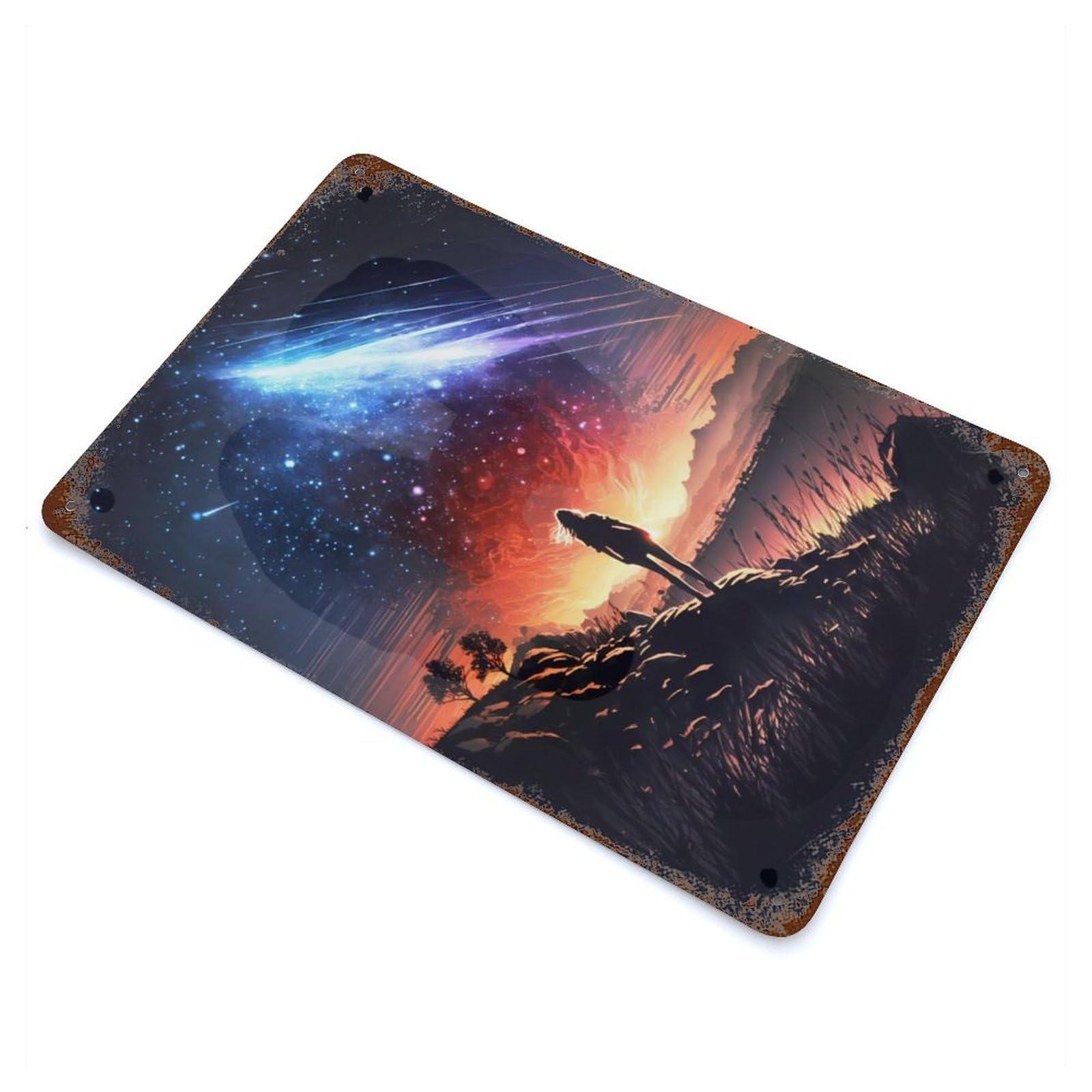 Flame of Comet Landscape Weathered Tin Sign 11.8"x7.9", Retro Wall Decor for Pub, Kitchen And Man Cave Decor