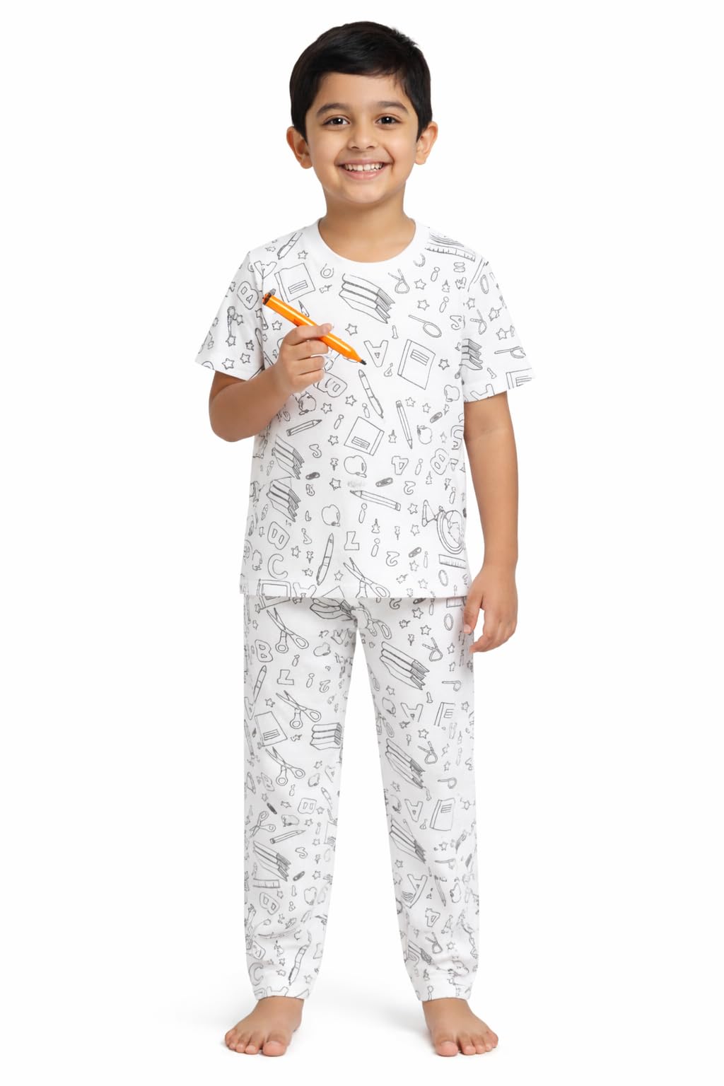 Kids Coloring Pajama Set with 10 Washable Pens | DIY Creative T-Shirt & Pant Set | Soft Stretchable Fabric | Reusable Color & Wash Dress for Kids White-image-38