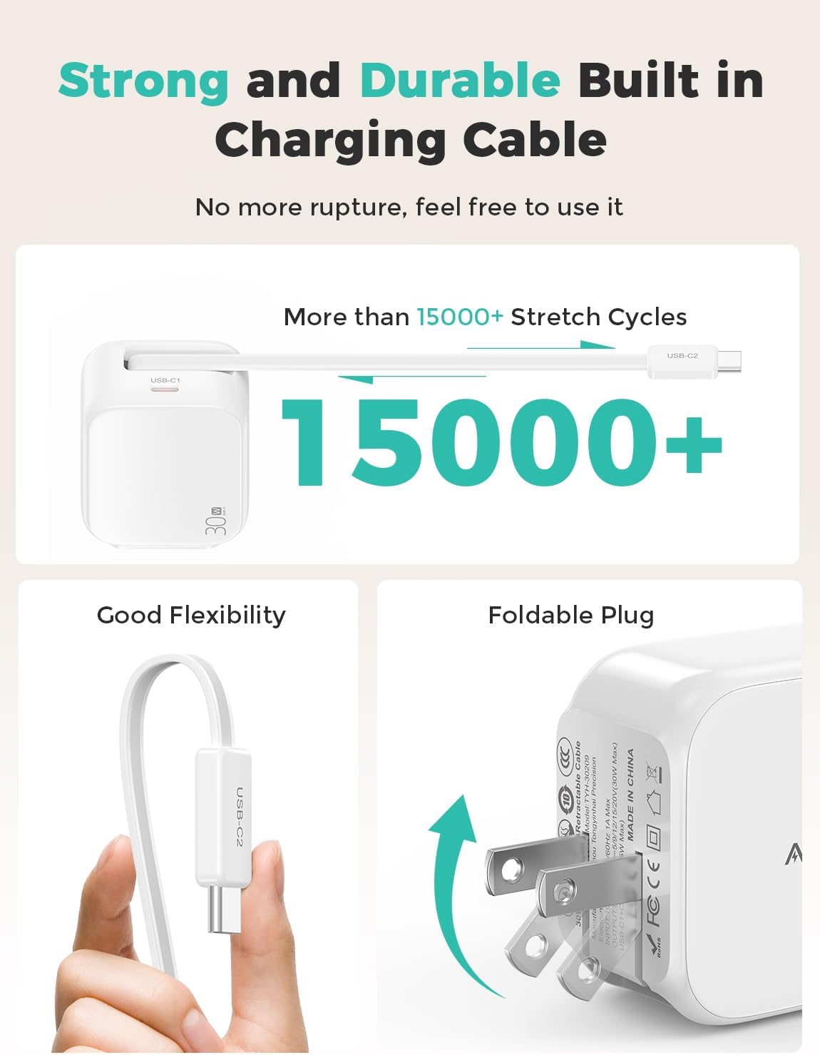 2-in-1 Retractable Wall Charger Plug with USB C Port and 27in/70cm Type C Cable,Travel Essentials 30W Fast Charging Foldable Block for iPhone 17/16/15,iPad,Galaxy,Pixel-White - Image 6