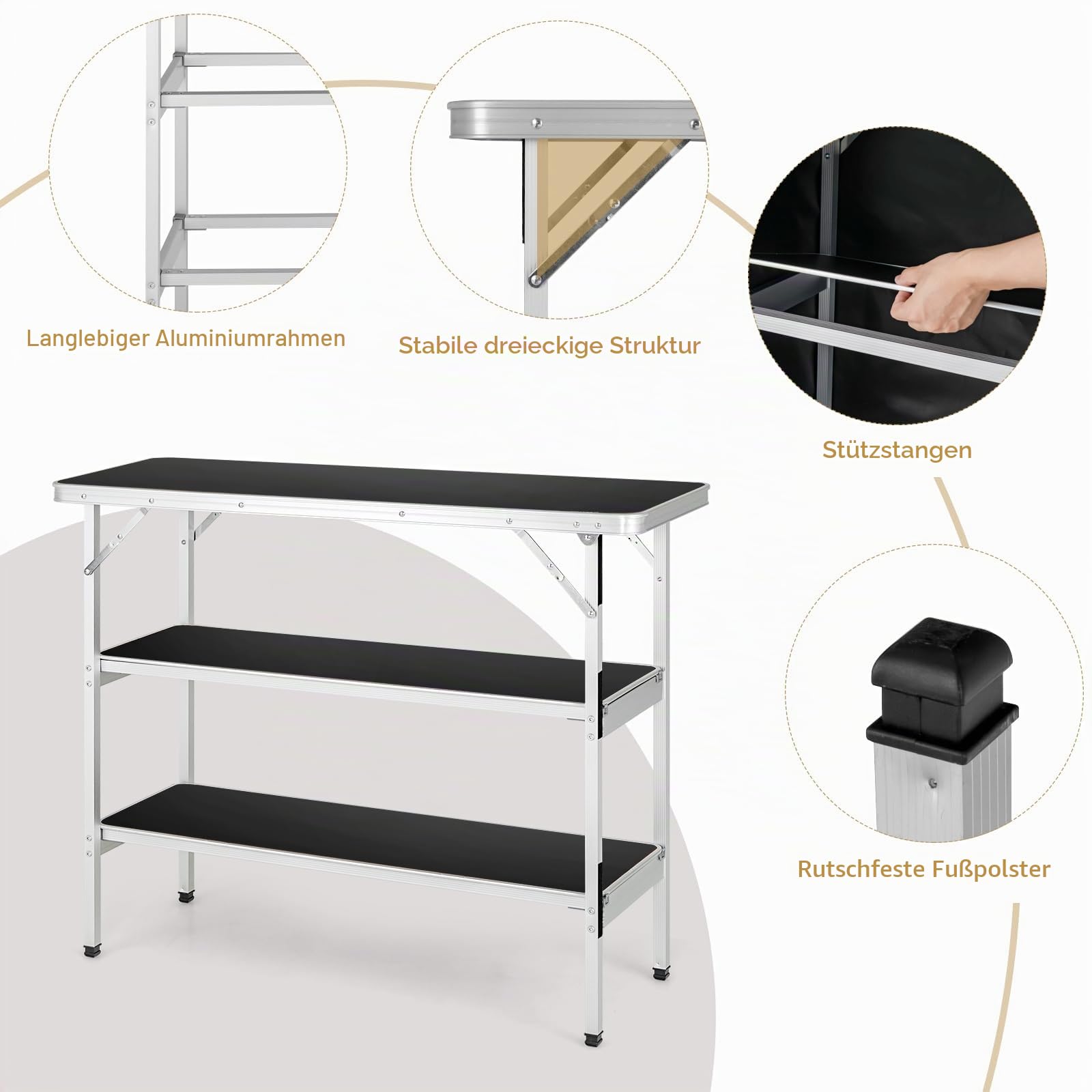 KOMFOTTEU Campingküche mit 3 Ebenen Stauraum, Campingschrank Klappbar mit Tragetasche, Picknicktisch faltbar aus Aluminium, Klapptisch für Picknick, BBQ, Party (Schwarz)