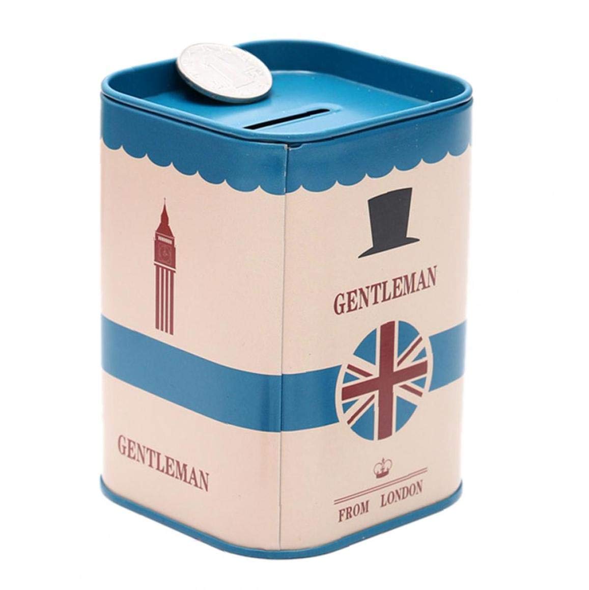 Lankater Girls Blue Gentleman's Hat Square Metal Storage Money Boxes Piggy Bank Square Money Boxes Tinplate Box Money Saving Pot Coin Box Storage Tank Gift For